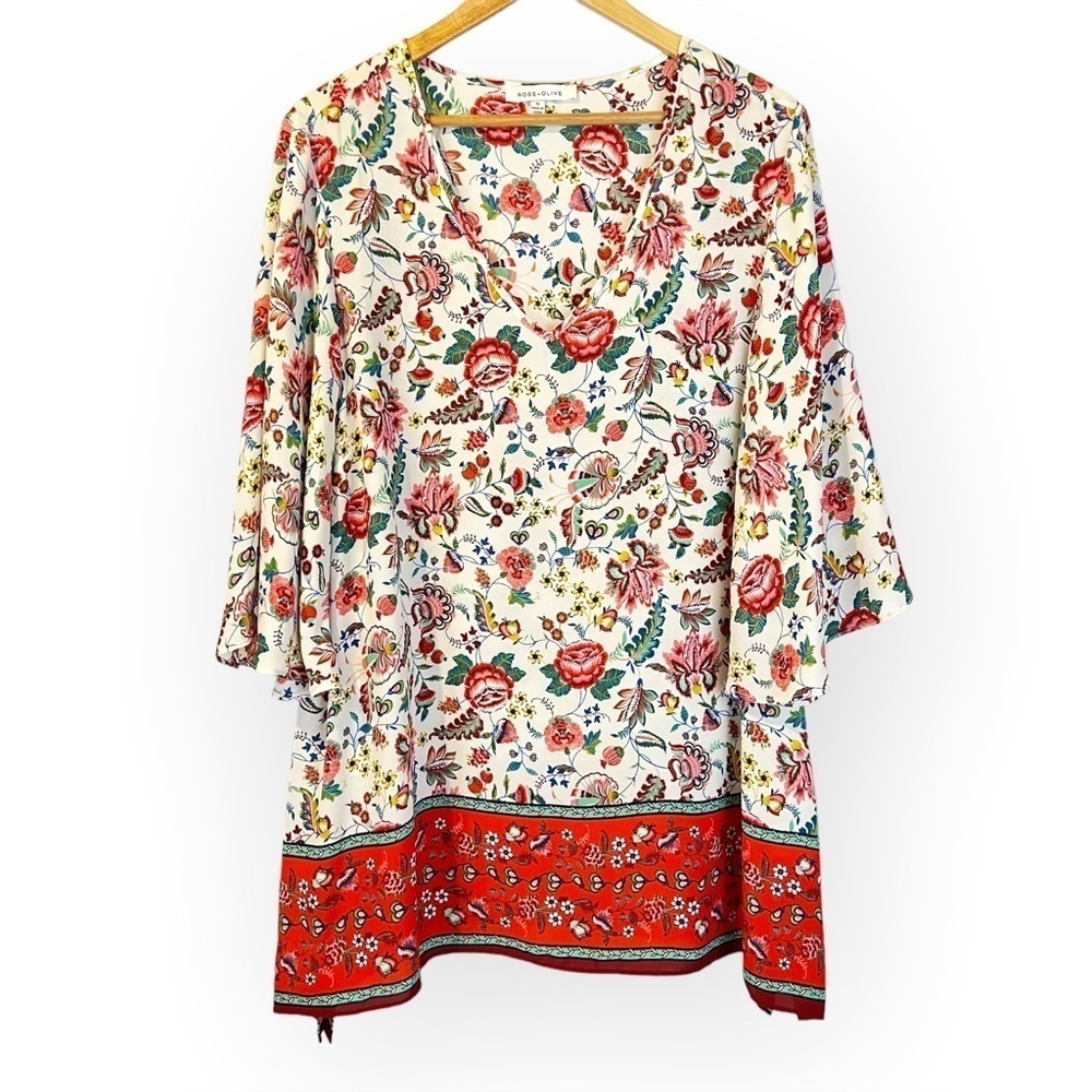 Rose & Olive Colorful‎ Floral V-Neck Tunic Blouse Top